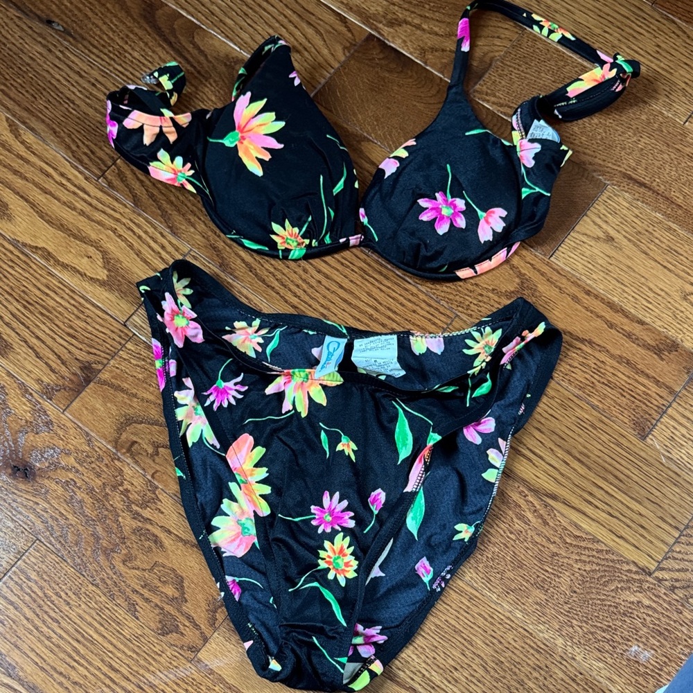Vintage 80s Catalina Black Floral Underwire Bikini Set